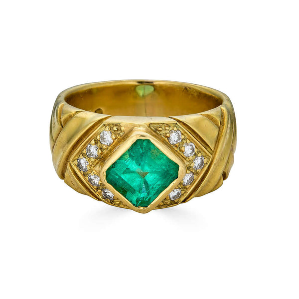 Vintage GIA Certified Columbian Emerald Ring, 18k, Step Cut Emerald 1 carat, Diamonds VS, F Color, C. 1980