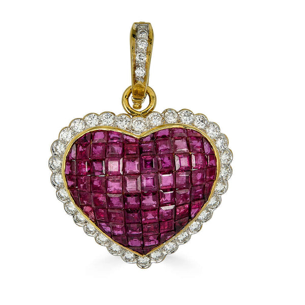 Vintage Portuguese Heart Pendant with Diamonds and Rubies
