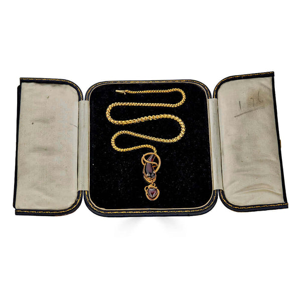 Antique Victorian Snake Necklace, 15k, Garnet Head, Snake Charm with heart shaped Garnet, Original Box