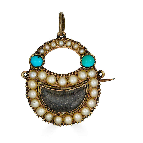 Early 1800s Padlock Pendant Brooch, Hair under glass, Natural pearls, turquoise