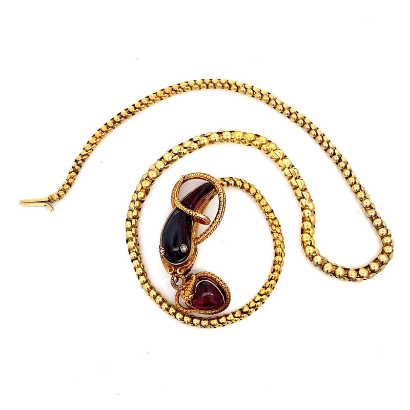 Antique Victorian Snake Necklace, 15k, Garnet Head, Snake Charm with heart shaped Garnet, Original Box