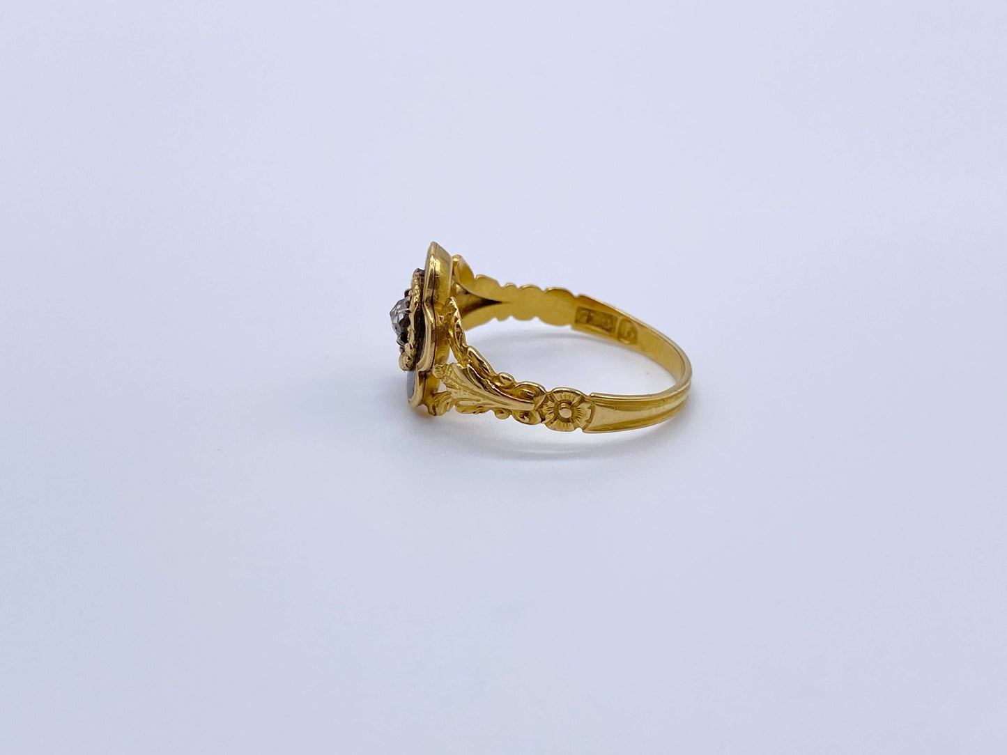 Victorian Black Enamel & Diamond RingA fabulous and modern looking victorian ring. The black enamel provides a wonderful contrast against the gold. Condition: Normal antique wear, minimal wear to the center diamond Metal: 14k Gold Age: Late Victorian Dim