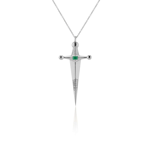 Necklaces Platinum & Emerald Kelly Sword Pendant A Luxe sword 18k Gold Kelly Sword Pendant for the individual wanting to make a powerful statement. Our Jewelry is proudly idealized, and produced in NYC. KIL N.Y.C.