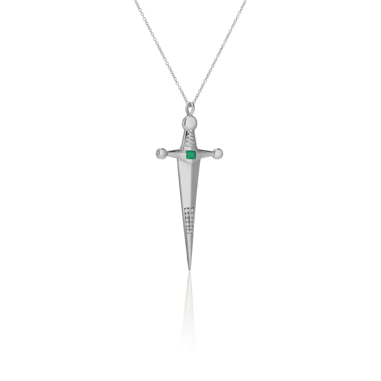 Necklaces Platinum & Emerald Kelly Sword Pendant A Luxe sword 18k Gold Kelly Sword Pendant for the individual wanting to make a powerful statement. Our Jewelry is proudly idealized, and produced in NYC. KIL N.Y.C.