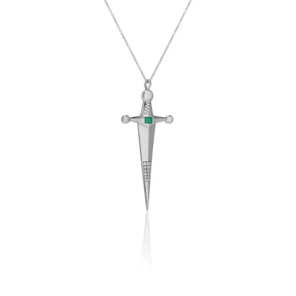 Necklaces Platinum & Emerald Kelly Sword Pendant A Luxe sword 18k Gold Kelly Sword Pendant for the individual wanting to make a powerful statement. Our Jewelry is proudly idealized, and produced in NYC. KIL N.Y.C.