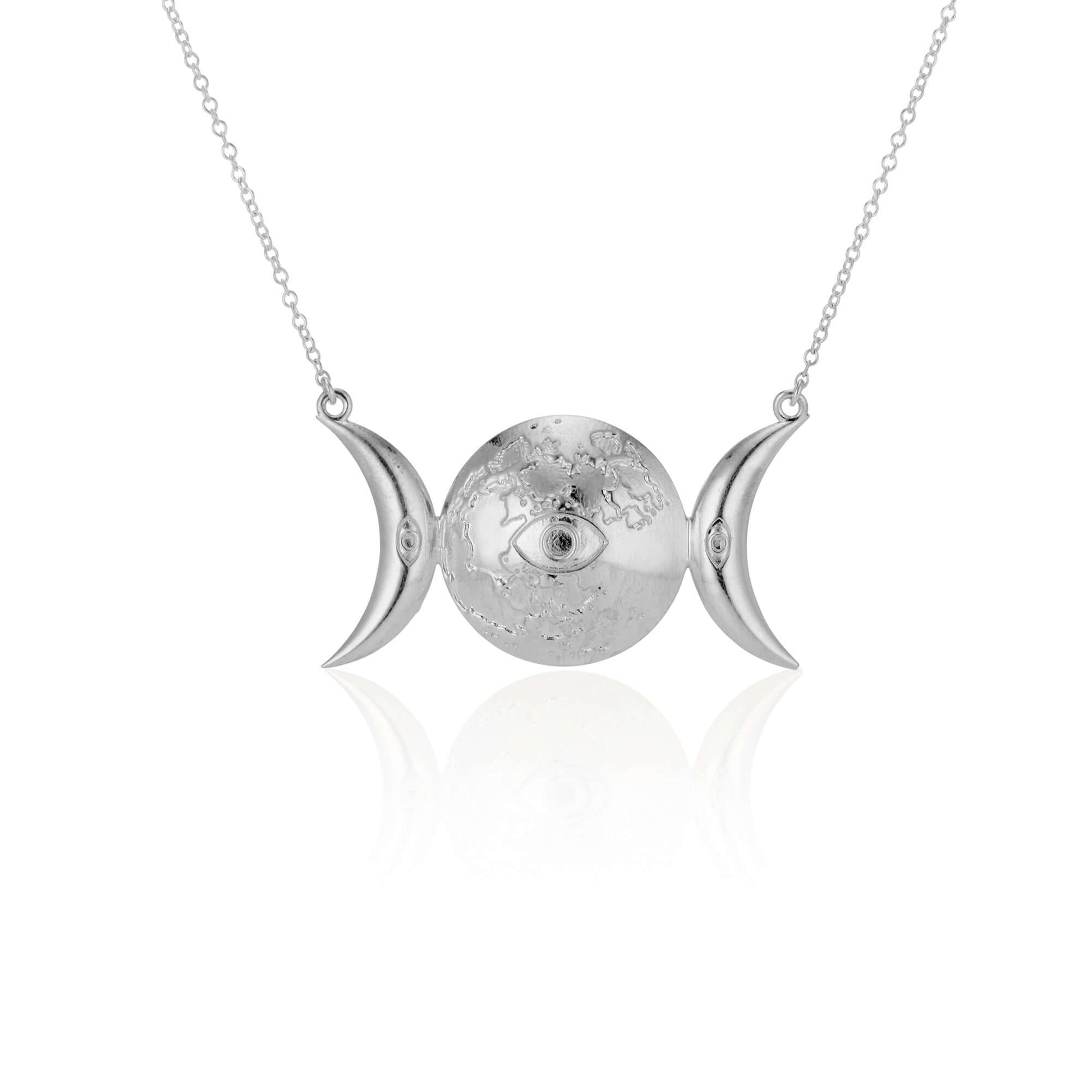 Selene PendantInspired by the Greek Goddess of the Moon, Selene, this pendant features the moon in several phases, adorned with an eye for protection. This piece can be made in sterling silver, with additional plating options for 18k Gold Vermeil. We also