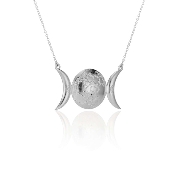 Selene Pendant Inspired by the Greek Goddess of the Moon, Selene, this pendant features the moon in several phases, adorned with an eye for protection. This piece can be made in sterling silver, with additional plating options for 18k Gold Vermeil. We als