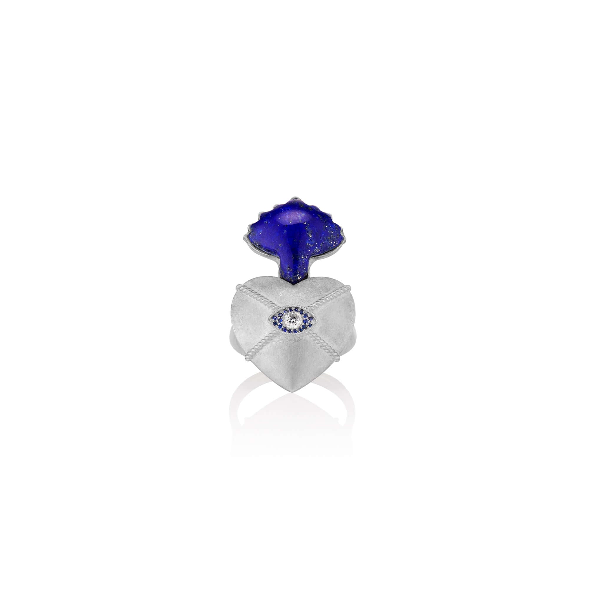 Sacred Love RingSterling Silver Ring inspired by sacred heart imagery with a Hand carved Lapis Lazuli as the flame and a diamond set in the eye of the heart for protection.Sacred Love RingSterling Silver Ring inspired by sacred heart imagery with a Hand c