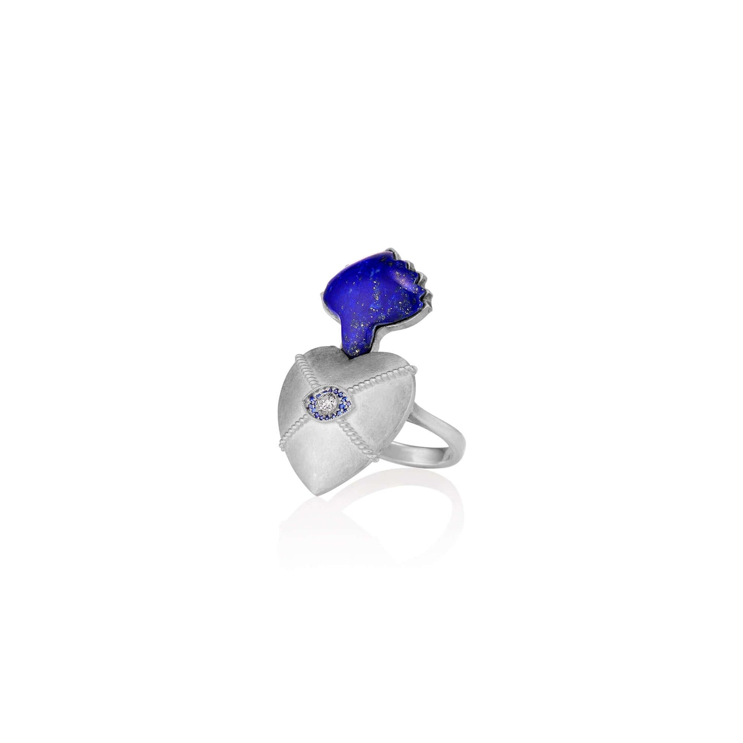 Sacred Love RingSterling Silver Ring inspired by sacred heart imagery with a Hand carved Lapis Lazuli as the flame and a diamond set in the eye of the heart for protection.Sacred Love RingSterling Silver Ring inspired by sacred heart imagery with a Hand c