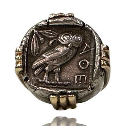 Ancient Greek Coin Ring Tet. DrakmaAr Tetradrachm, Head of Athena wearing a crested helmet, adorned with olive leaves and palmette. Reverse: Owl facing straight, live sprig and crescent behind, all within incuse square. (17.10gm) ATTICA (VF/G). Condition: