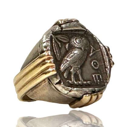 Ancient Greek Coin Ring Tet. DrakmaAr Tetradrachm, Head of Athena wearing a crested helmet, adorned with olive leaves and palmette. Reverse: Owl facing straight, live sprig and crescent behind, all within incuse square. (17.10gm) ATTICA (VF/G). Condition: