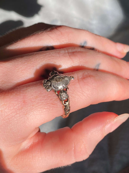 Antique Dutch Diamond Crowned Heart Ring Condition: Metal: Silver & Gold Age: Victorian Dimensions: size 8, crown is 15mm in height Weight: 3.8gAntique Dutch Crowned Heart Ring (Diamonds)Condition: Metal: Silver & Gold Age: Victorian Dimensions: size 8, c