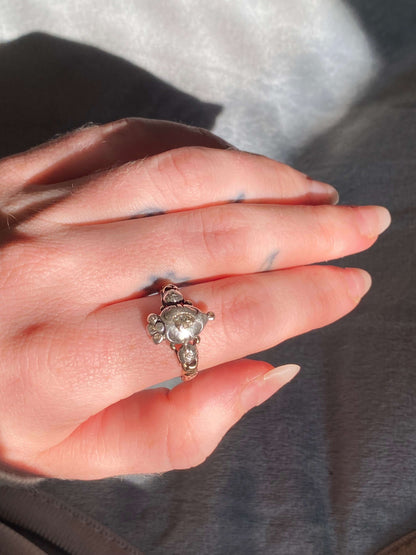 Antique Dutch Diamond Crowned Heart Ring Condition: Metal: Silver & Gold Age: Victorian Dimensions: size 8, crown is 15mm in height Weight: 3.8gAntique Dutch Crowned Heart Ring (Diamonds)Condition: Metal: Silver & Gold Age: Victorian Dimensions: size 8, c