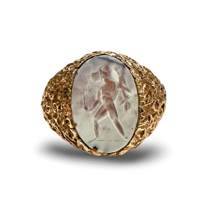 Warrior With Weapon, Agate Roman Intaglio, Set in 14k Gold14k Gold Roman Intaglio, 1-3 Century AD, Size 9.5, Warrior with Weapon, Agate, 8.0g Condition: Normal antique wear Metal: 14k Gold Dimensions: Size 9.5, 8.0g Warrior With Weapon, Agate Roman Intagl