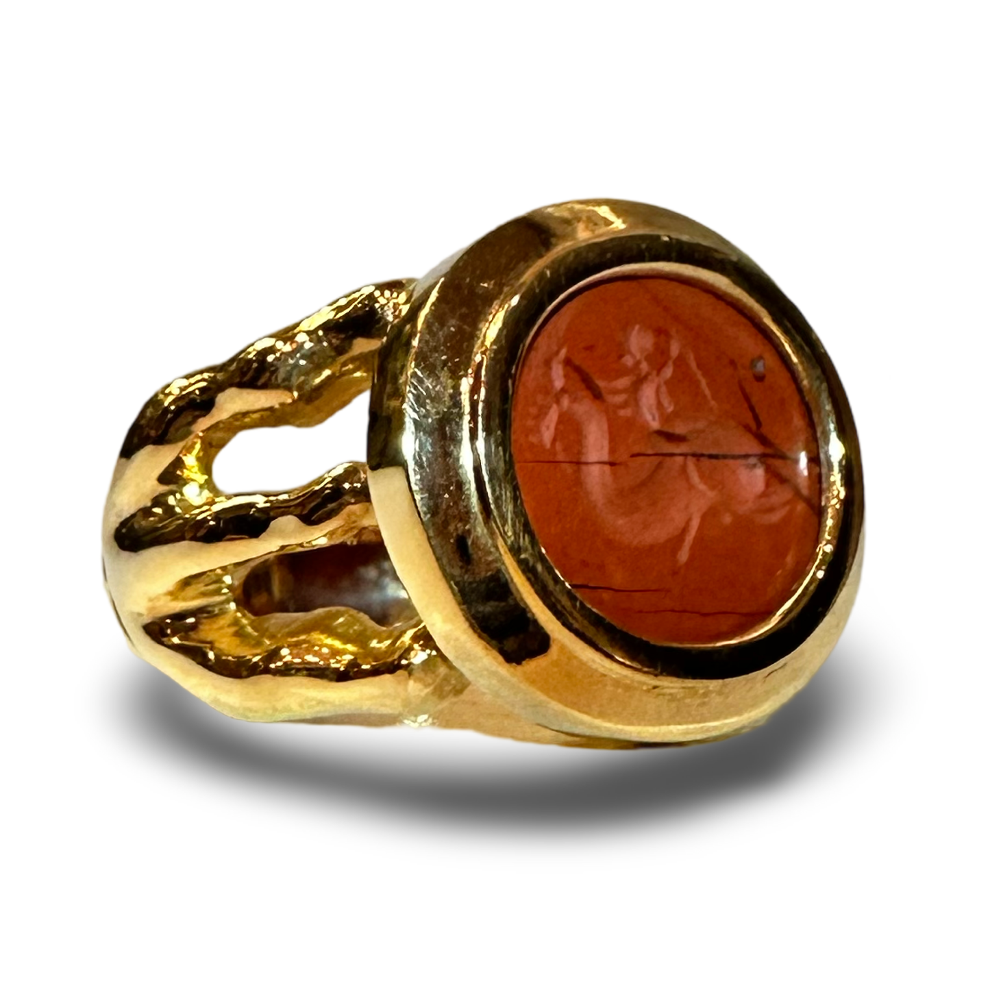 Roman Poseidon (boy) on Dolphin, Red Jasper, Set in 18k Gold Claw Ring