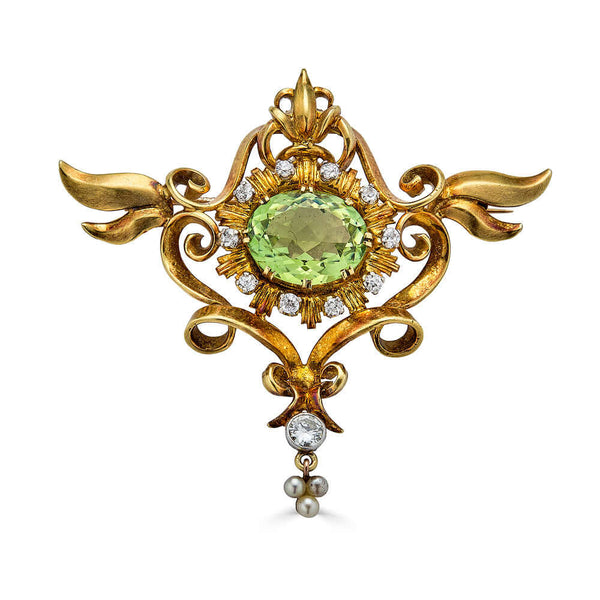 Antique Art Nouveau Brooch, Peridot, Diamonds, Seed Pearls