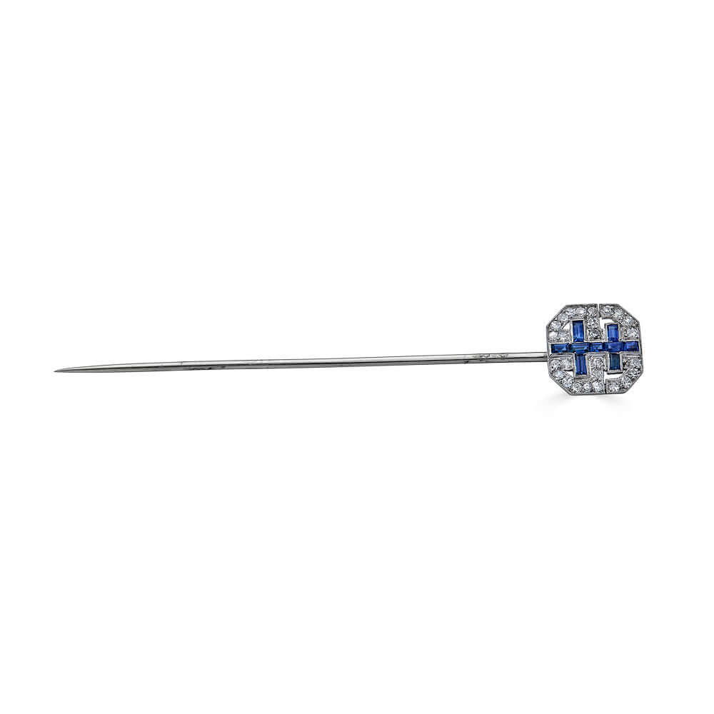 Antique french 18k Diamond & Sapphire Stick Pin (Patterned Sapphires)On of a Kind Stick Pin from the Early 20th century. The piece was crafted in 18k white gold featuring approximately 2.75 inches of pin for proper securing. The pave face of the pin featu