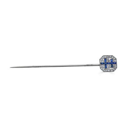 Antique french 18k Diamond & Sapphire Stick Pin (Patterned Sapphires)On of a Kind Stick Pin from the Early 20th century. The piece was crafted in 18k white gold featuring approximately 2.75 inches of pin for proper securing. The pave face of the pin featu