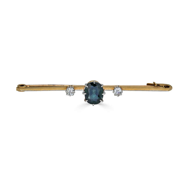 Vintage 2.3ct Green Sapphire Pin with Mine Cut Diamonds