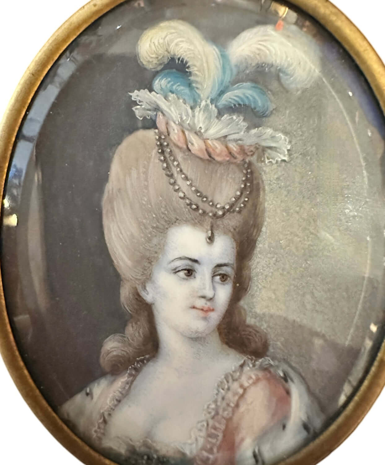 18th Century Portrait miniature, Countess Du Varnes, likely FrenchPortrait of a woman wearing a pink gown, fur cloak and feathered hat. Signature in the bottom left reads “Fragonard,” possibly painted by his wife Marie-Anne Gerard. Writing on reverse read