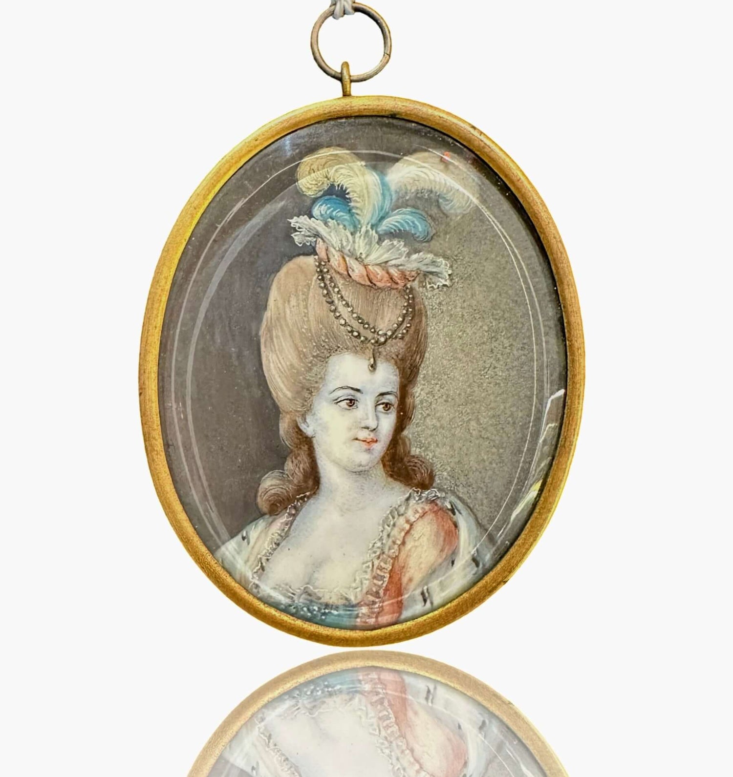 18th Century Portrait miniature, Countess Du Varnes, likely FrenchPortrait of a woman wearing a pink gown, fur cloak and feathered hat. Signature in the bottom left reads “Fragonard,” possibly painted by his wife Marie-Anne Gerard. Writing on reverse read