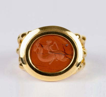 Roman Poseidon (boy) on Dolphin, Red Jasper, Set in 18k Gold Claw Ring