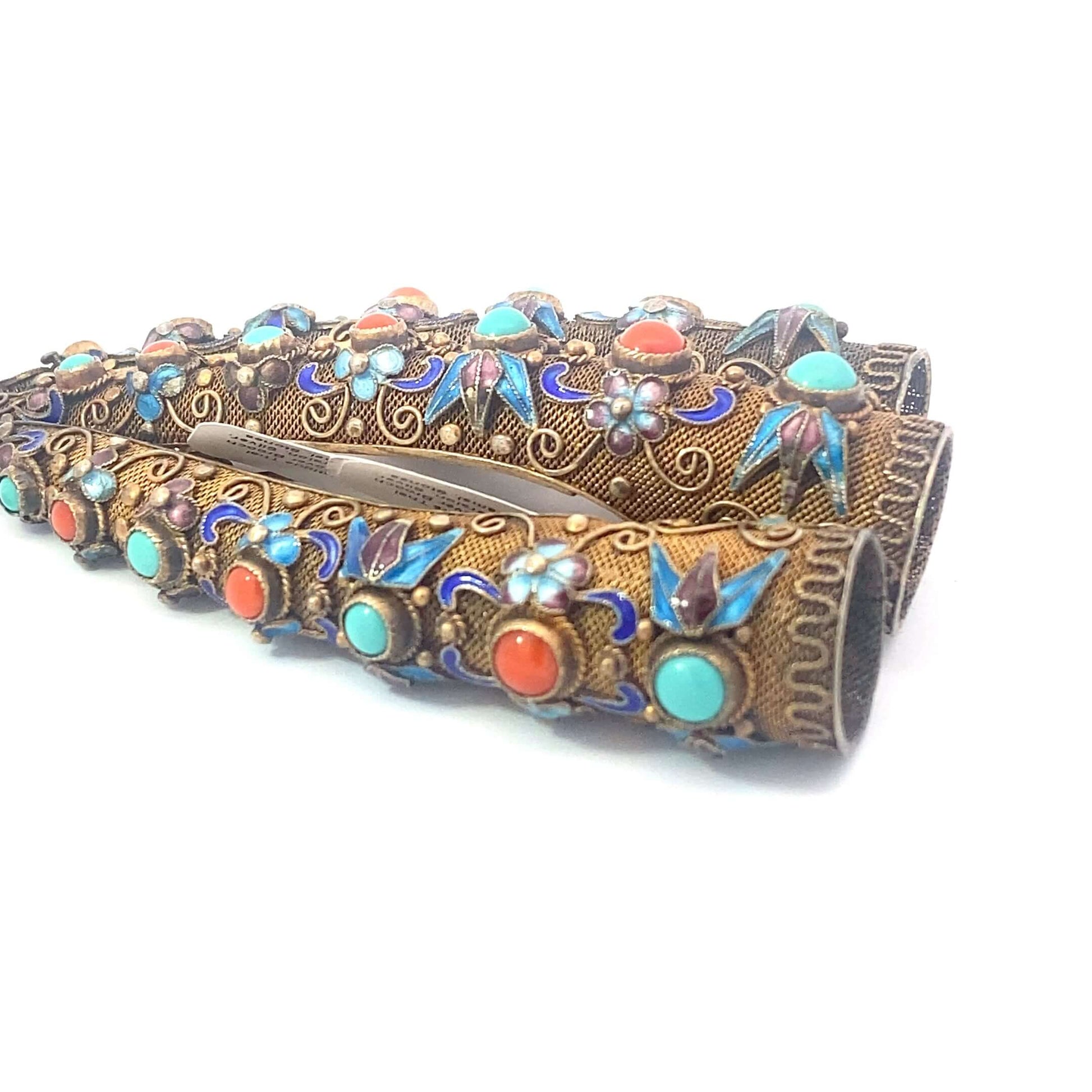 Antique Thai Nail Cover Brooch Conversion (Silver, Enamel, Stones)Discover the whimsy of history with these antique Thai nail coverings, now converted into playful brooches! This set of three is made from sterling silver and features intricate details ado