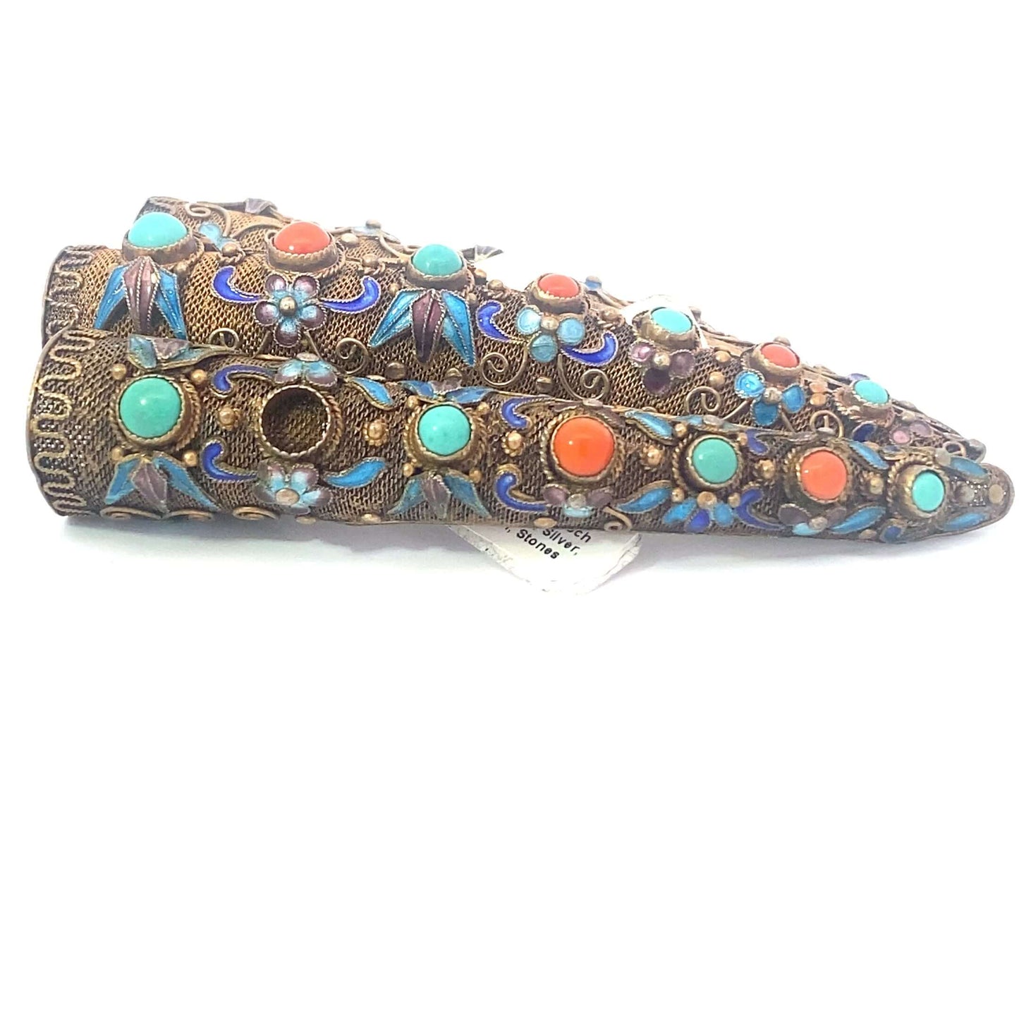 Antique Thai Nail Cover Brooch Conversion (Silver, Enamel, Stones)Discover the whimsy of history with these antique Thai nail coverings, now converted into playful brooches! This set of three is made from sterling silver and features intricate details ado