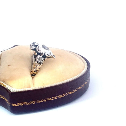 Antique Dutch Diamond Crowned Heart Ring Condition: Metal: Silver & Gold Age: Victorian Dimensions: size 8, crown is 15mm in height Weight: 3.8gAntique Dutch Crowned Heart Ring (Diamonds)Condition: Metal: Silver & Gold Age: Victorian Dimensions: size 8, c