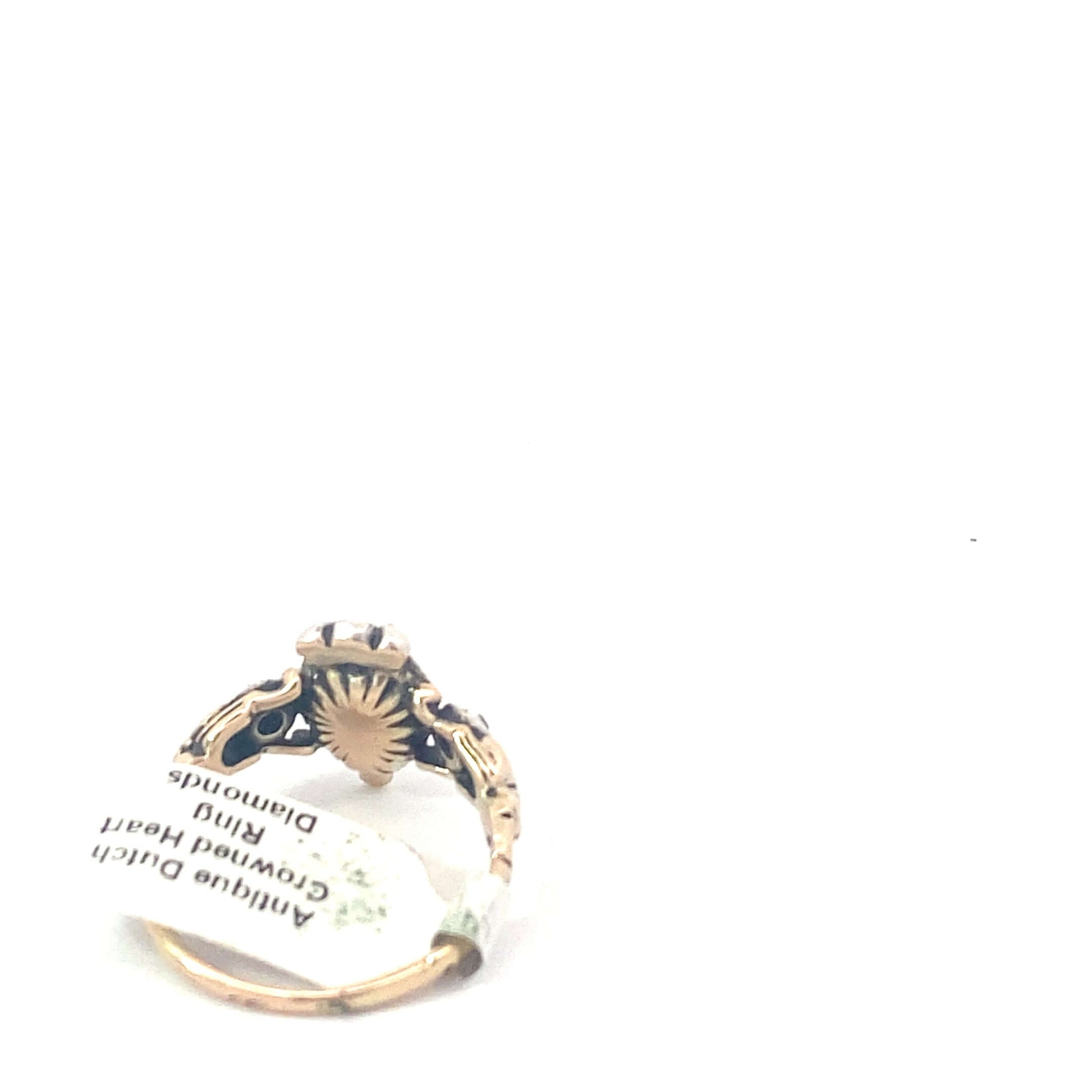 Antique Dutch Diamond Crowned Heart Ring Condition: Metal: Silver & Gold Age: Victorian Dimensions: size 8, crown is 15mm in height Weight: 3.8gAntique Dutch Crowned Heart Ring (Diamonds)Condition: Metal: Silver & Gold Age: Victorian Dimensions: size 8, c