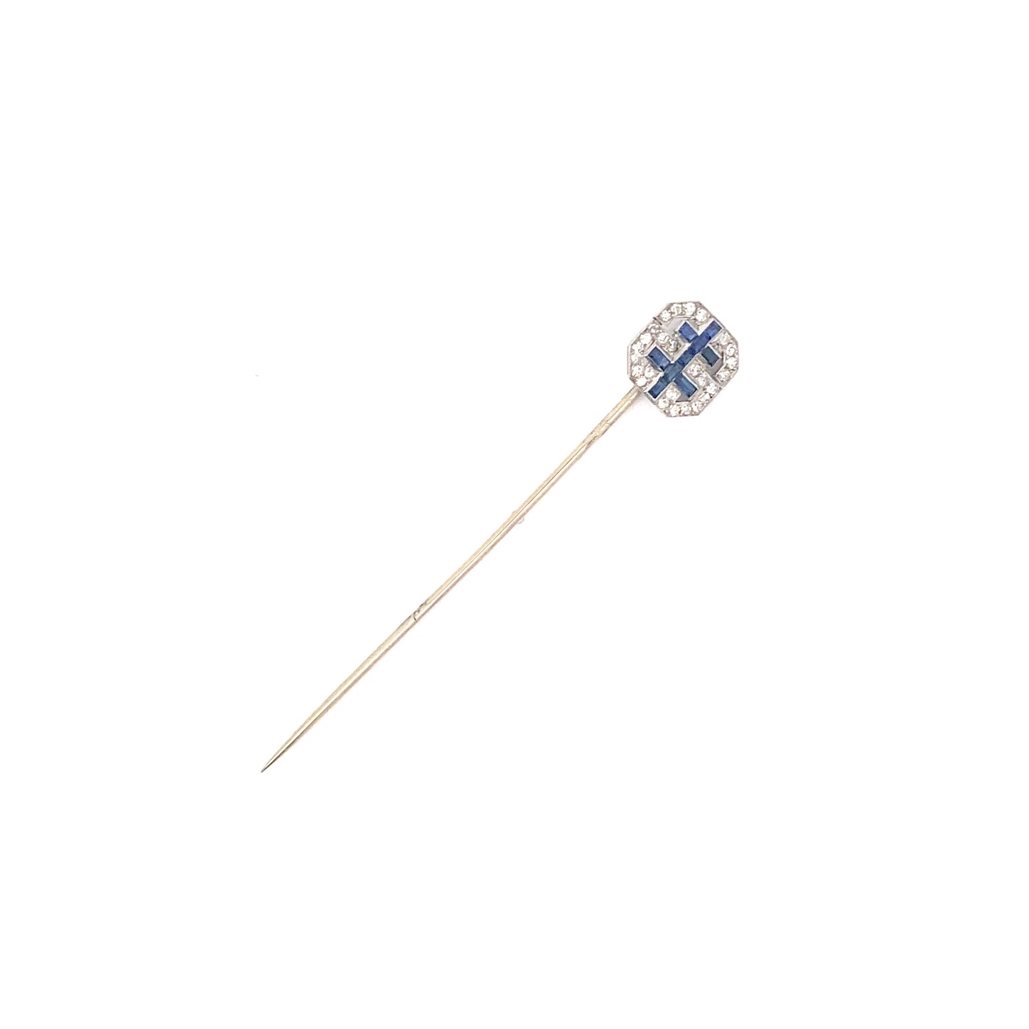 Antique french 18k Diamond & Sapphire Stick Pin (Patterned Sapphires)On of a Kind Stick Pin from the Early 20th century. The piece was crafted in 18k white gold featuring approximately 2.75 inches of pin for proper securing. The pave face of the pin featu