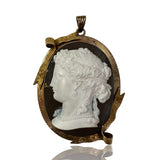 Antique Multi-Layered Agate CameoLarge Victorian Cameo, 14K Gold Ribbon Surround, Greek Profile, Pendant/Brooch,, Multilayered agate Condition: Normal antique wear Metal: 14k Yellow Gold Dimensions: 82.6g; 3inches from bale to bottom Antique Multi-Layered