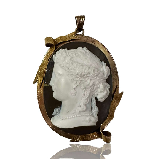 Antique Multi-Layered Agate CameoLarge Victorian Cameo, 14K Gold Ribbon Surround, Greek Profile, Pendant/Brooch,, Multilayered agate Condition: Normal antique wear Metal: 14k Yellow Gold Dimensions: 82.6g; 3inches from bale to bottom Antique Multi-Layered