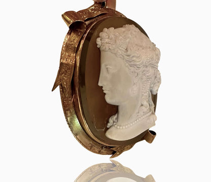 Antique Multi-Layered Agate CameoLarge Victorian Cameo, 14K Gold Ribbon Surround, Greek Profile, Pendant/Brooch,, Multilayered agate Condition: Normal antique wear Metal: 14k Yellow Gold Dimensions: 82.6g; 3inches from bale to bottom Antique Multi-Layered