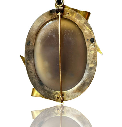 Antique Multi-Layered Agate CameoLarge Victorian Cameo, 14K Gold Ribbon Surround, Greek Profile, Pendant/Brooch,, Multilayered agate Condition: Normal antique wear Metal: 14k Yellow Gold Dimensions: 82.6g; 3inches from bale to bottom Antique Multi-Layered