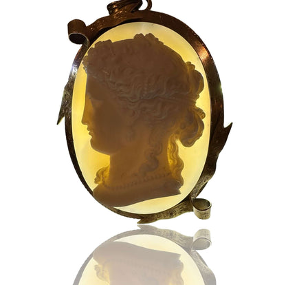 Antique Multi-Layered Agate CameoLarge Victorian Cameo, 14K Gold Ribbon Surround, Greek Profile, Pendant/Brooch,, Multilayered agate Condition: Normal antique wear Metal: 14k Yellow Gold Dimensions: 82.6g; 3inches from bale to bottom Antique Multi-Layered