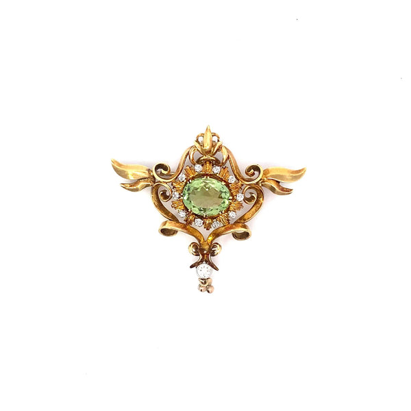 Antique Art Nouveau Brooch, Peridot, Diamonds, Seed Pearls