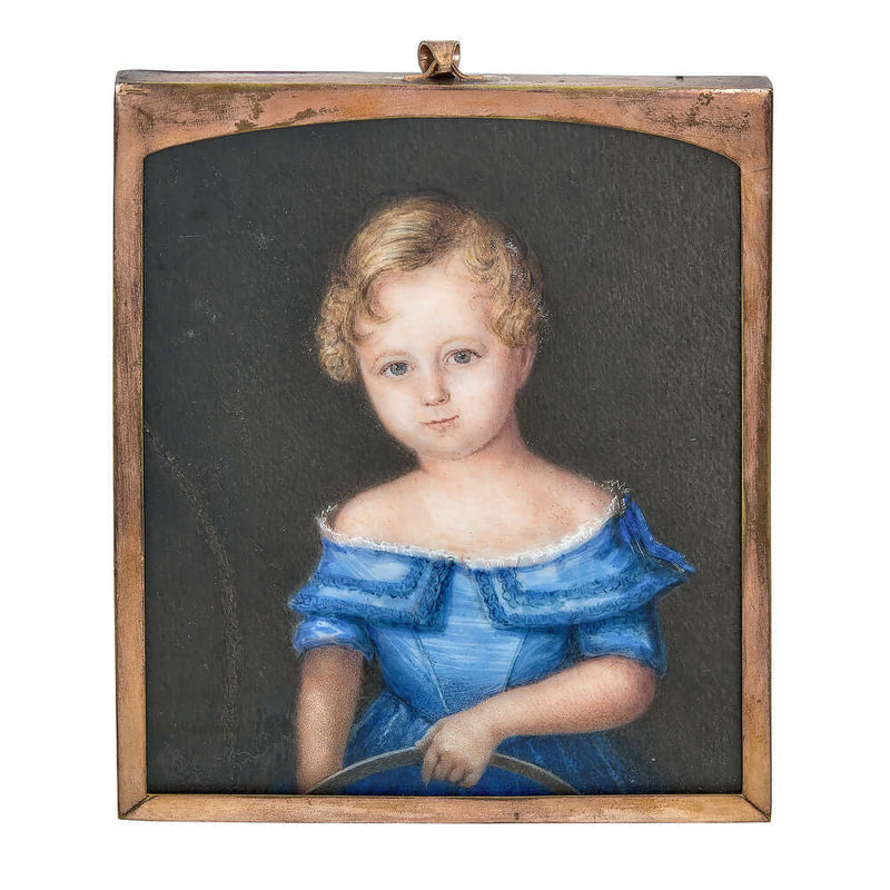 Portrait Miniature of a Young Girl in Blue Holding a Basket
