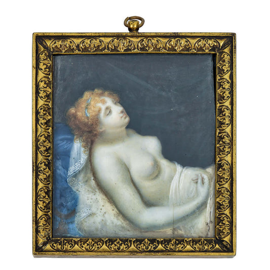 Venus Reclining Miniature - Renaissance ArtElegant Venus Reclining portrait, a neoclassical motif, painted on ivory in a brass frame attributed to the Giroux Family, Paris.Portrait Miniature of a Semi-Nude Lady Depicted as Venus RecliningA superbly elegan