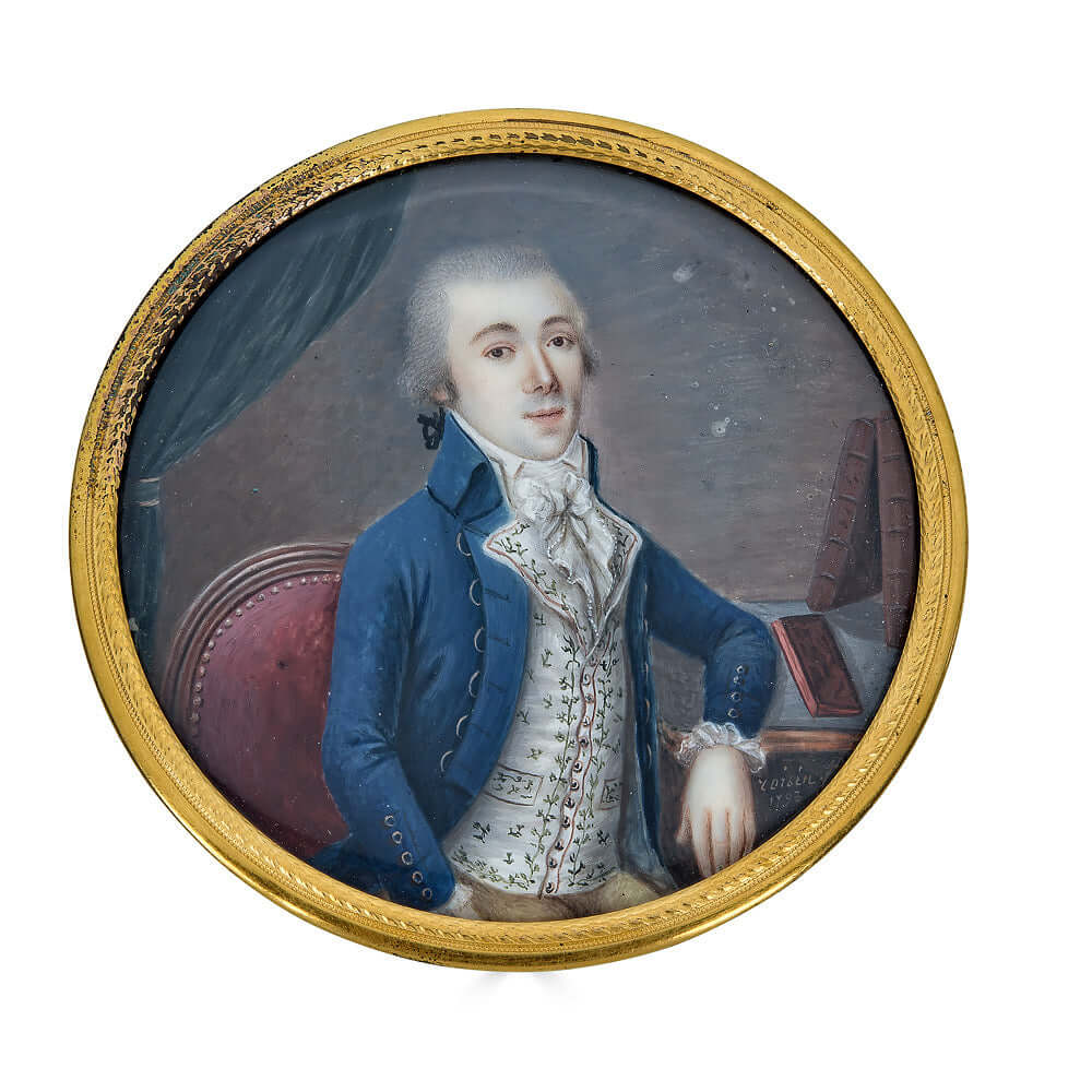 Portrait Miniature Dated 1793 of a Distinguished Gentleman Seated at a DeskThis antique portrait miniature is a rare work done by the French miniaturist Madame Marie-Sophie Loisier (maiden name of Contouly). Lousier was a pupil of the esteemed Jean-Baptis