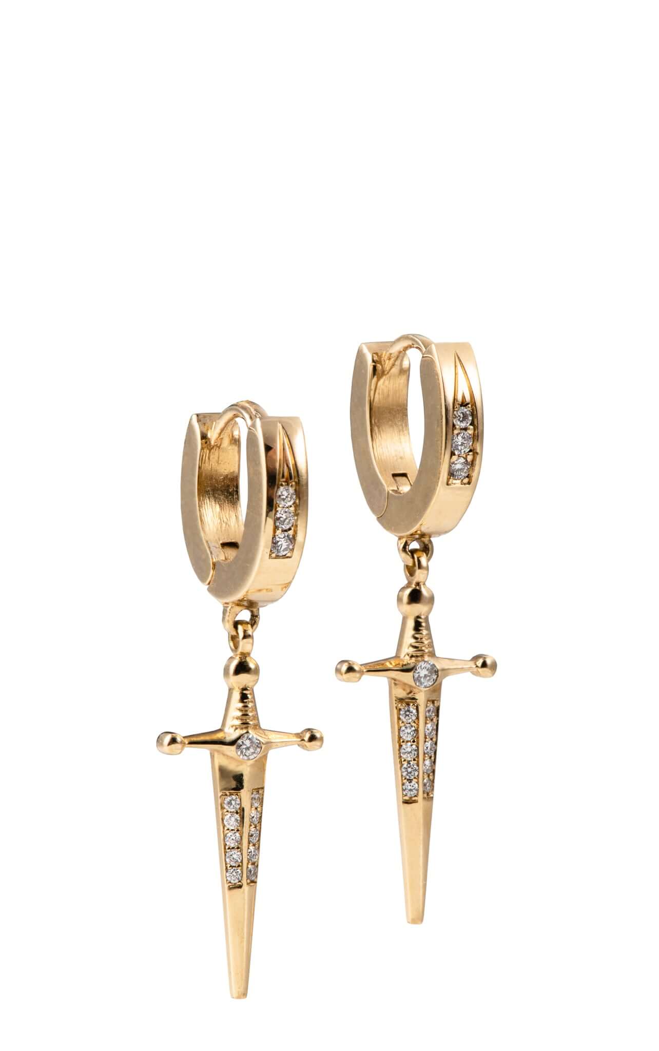 18k Gold Kelly Sword EarringsA Pair of solid gold 18k Gold Kelly Sword Earrings that make a statement. Swords are iconic symbols of strength and these unisex earrings embody this. 18k Gold Kelly Sword EarringsA Pair of solid gold earrings that make a stat