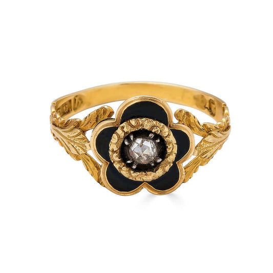 Victorian Black Enamel & Diamond RingA fabulous and modern looking victorian ring. The black enamel provides a wonderful contrast against the gold. Condition: Normal antique wear, minimal wear to the center diamond Metal: 14k Gold Age: Late Victorian ﻿Dim