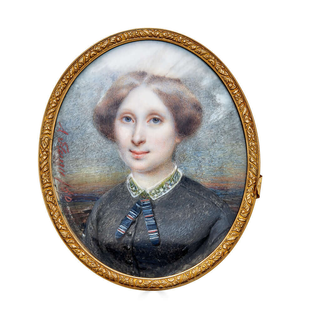 Portrait Miniature by Marie Aimee-Amelia Fleury, of a Mid Nineteenth Century French LadyThe subject in this portrait is beautifully rendered. The details of her clothes and the colors are superb. She is depicted at seashore at sunrise or sunset. If you lo