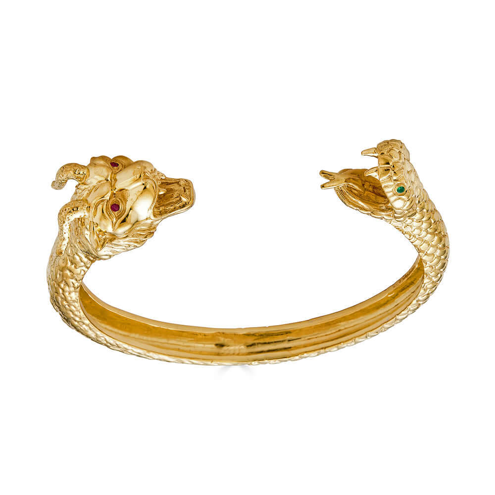 Chimaera CuffA sculptural and whimsical bracelet meticulously hand designed. One head features a horned lion, the other a serpent ready to attack. The cuff is adjustable and designed to make a ferocious statement. This piece is based on the Chimaera; a fi