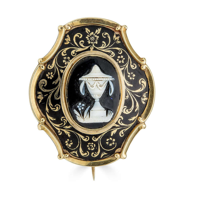 Victorian Mourning Brooch with Banded Agate Neoclassical Urn