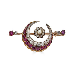 Antique Diamond and Ruby Crescent Brooch with Central Pearl