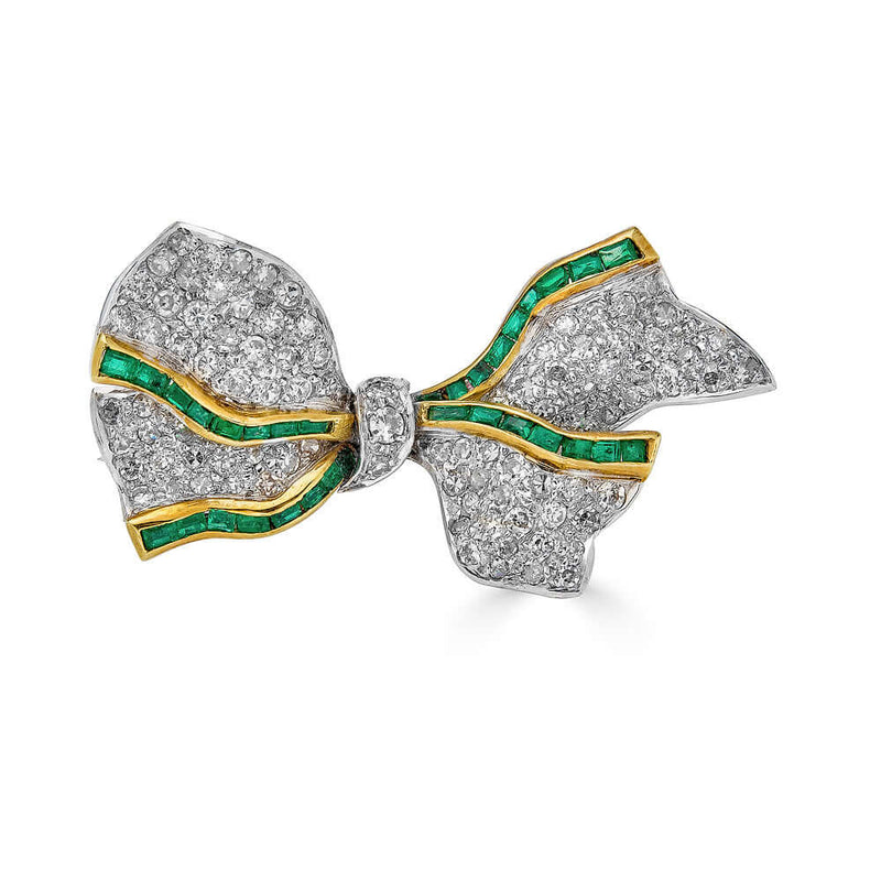 Antique Platinum Bow Brooch with Diamonds and Emeralds